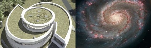 Bild links: Architekten Bernhardt+Partner. Bild rechts: NASA/ESA, S. Beckwith (STScI), Hubble Heritage Team (STScI/AURA); nachträglich perspektivisch verzerrt. Bild links: Architekten Bernhardt+Partner. Bild rechts: NASA/ESA, S. Beckwith (STScI), Hubble Heritage Team (STScI/AURA); nachträglich perspektivisch verzerrt.