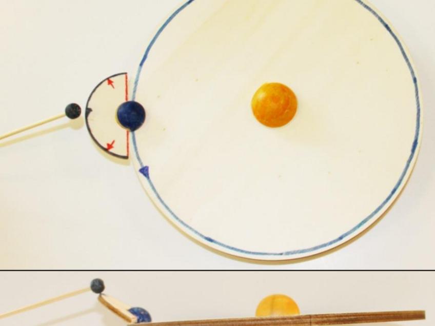 Lunarium in Drauf- und Seitenansicht.Das hier gezeigte Lunarium be- steht aus der Erdbahnebene (auf- steckbar auf einen Ständer) mit blau markiertem Erdumlauf, der blau eingefärbten Erde und der gelben Sonne, der in den Erdor- bit einsteckbaren Mondbahnebe- ne mit grau markiertem Mondor- bit und dem grau eingefärbten Mond an einem dünnen Stab.
In der Mondbahnebene wurden die Knotenlinie und die Grenzender „Finsternis-Fenster“ rot ge- kennzeichnet.
In Draufsicht können die Mond- phasen demonstriert werden; hier im Bild der Vollmond. Die Seitenansicht zeigt, dass es trotz (dieser) Vollmondstellung zu kei- ner Mondfinsternis kommen kann, weil sich der Mond wegen der Neigung seiner Bahnebene zur Erdbahnebene oberhalb des Erdschattens befindet.
Lunarium in Drauf- und Seitenansicht.Das hier gezeigte Lunarium be- steht aus der Erdbahnebene (auf- steckbar auf einen Ständer) mit blau markiertem Erdumlauf, der blau eingefärbten Erde und der gelben Sonne, der in den Erdor- bit einsteckbaren Mondbahnebe- ne mit grau markiertem Mondor- bit und dem grau eingefärbten Mond an einem dünnen Stab.
In der Mondbahnebene wurden die Knotenlinie und die Grenzender „Finsternis-Fenster“ rot ge- kennzeichnet.
In Draufsicht können die Mond- phasen demonstriert werden; hier im Bild der Vollmond. Die Seitenansicht zeigt, dass es trotz (dieser) Vollmondstellung zu kei- ner Mondfinsternis kommen kann, weil sich der Mond wegen der Neigung seiner Bahnebene zur Erdbahnebene oberhalb des Erdschattens befindet.