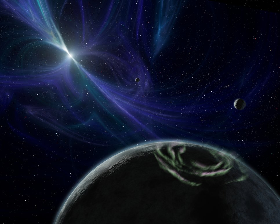 Artist's impression of three planetes orbiting a small bright object with magnetic fields made visible by blueish matter. One of the planets shows aurorae