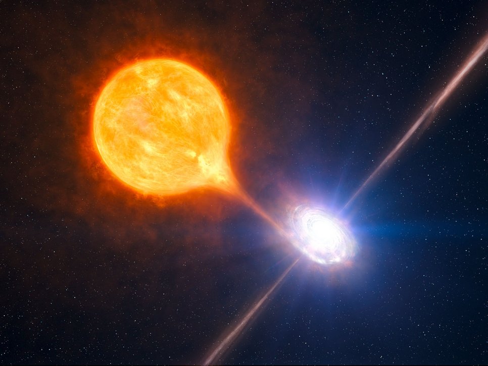 Double star system consisting of an orange-yellow star and a small, bright object surrounded by a disk and emitting a jet. Matter flows from the star to the other object