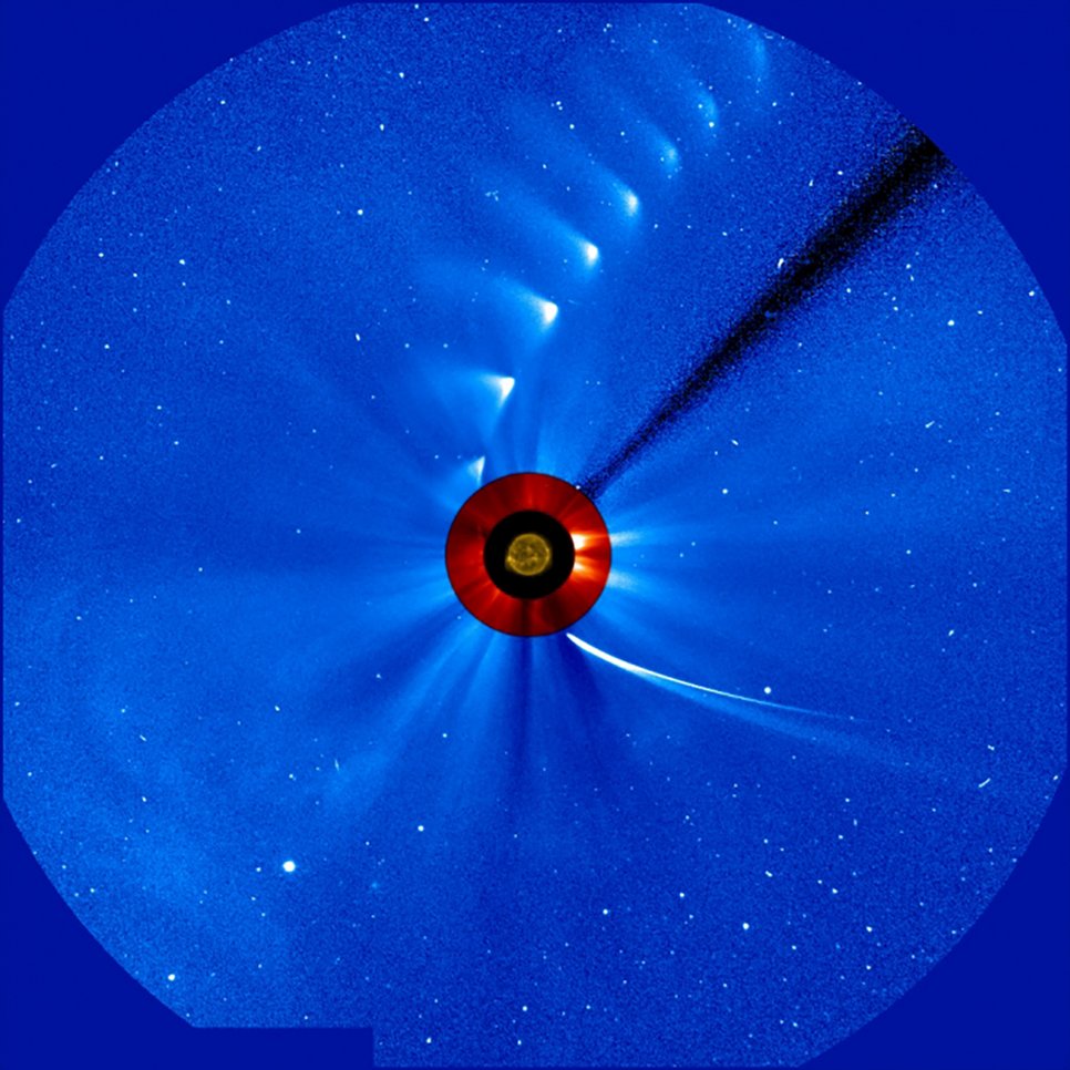 Montage of several frames from the SOHO coronagraph showing the flyby of comet ISON by the Sun in November 2013, which subsequently dissolved