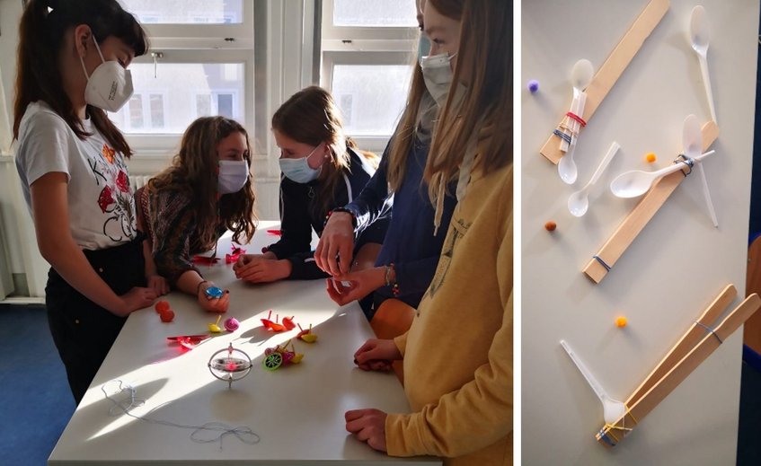 Abbildung 3: Kreisel, die roten länglichen sind keltische Kreisel, das vordere rot leuchtende ist ein Gyroskop und drum herum sind noch viele andere symmetrische Kreisel (links) KAtapulte wurden auch gebaut (rechts) Abbildung 3: Kreisel, die roten länglichen sind keltische Kreisel, das vordere rot leuchtende ist ein Gyroskop und drum herum sind noch viele andere symmetrische Kreisel (links) KAtapulte wurden auch gebaut (rechts)