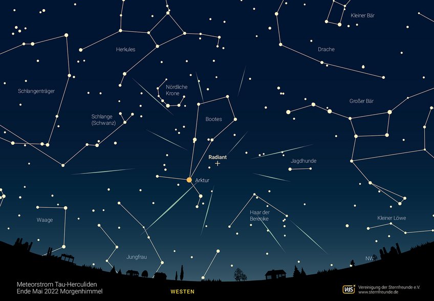 The radiant of the Tau Herculids Star chart centered around the constellation Bootes. The radiant of the Tau Herculids is marked by shooting stars emerging from it