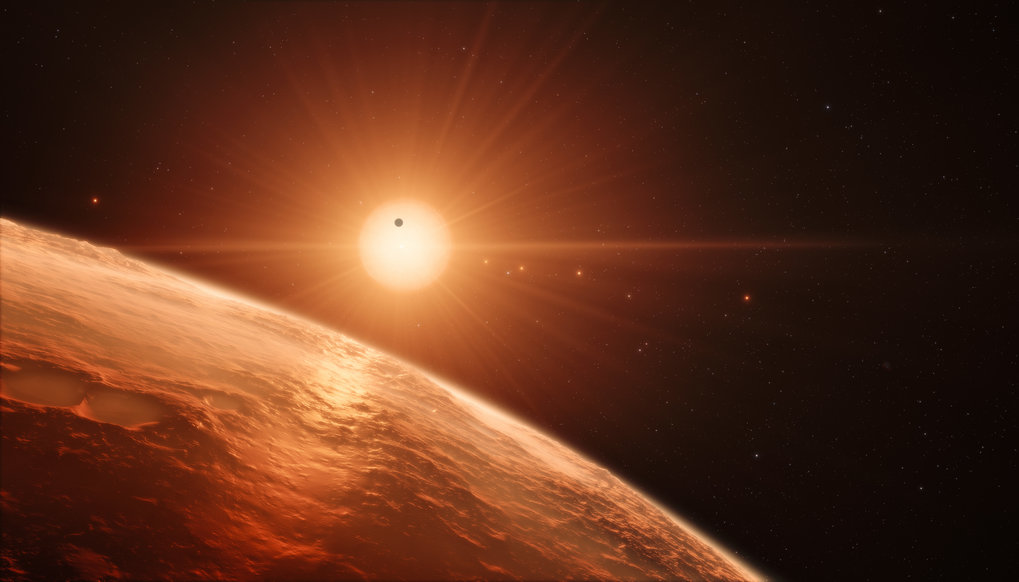 Künstlerische Darstellung des Anblicks von der Oberfläche eines Planeten des Trappist-1-Systems. Credit: ESO/N. Bartmann/spaceengine.org unter Lizenz CC BY 4.0