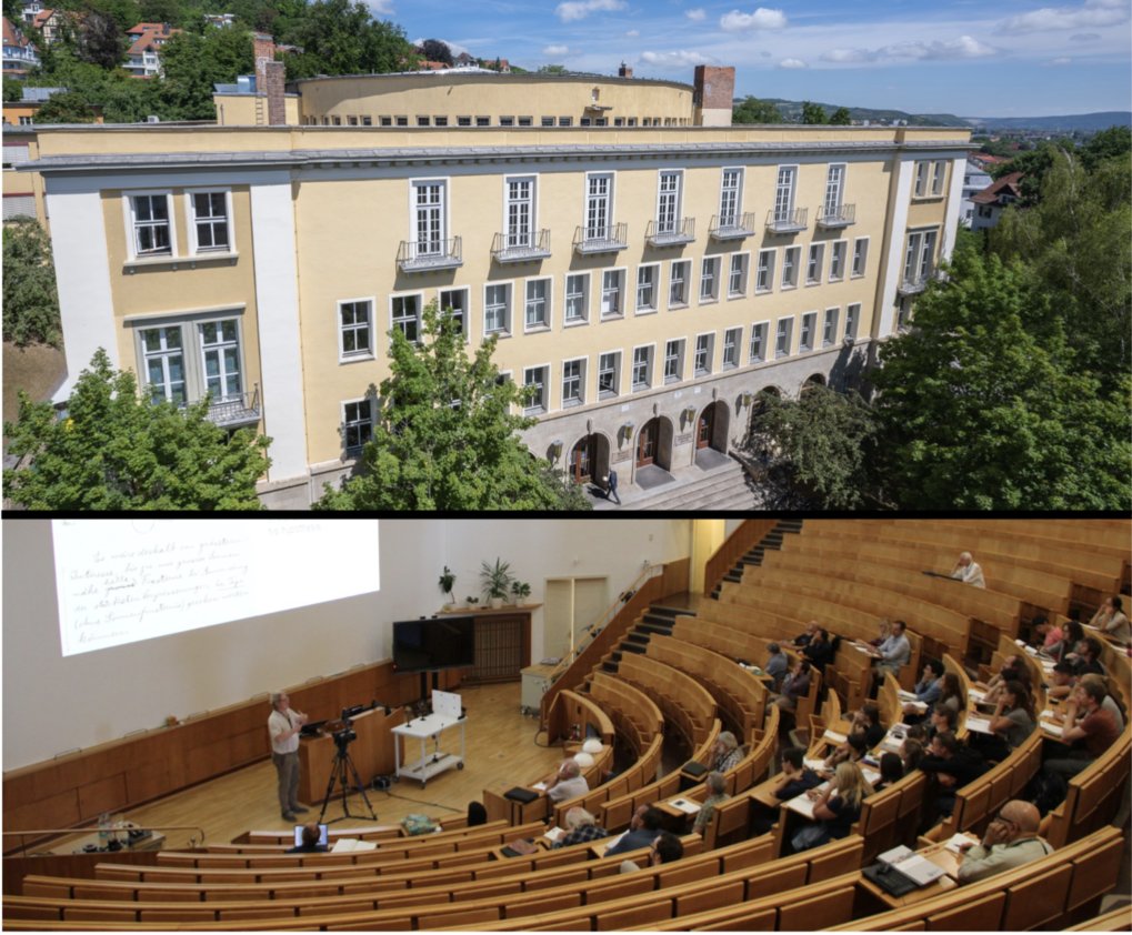 Physik-Hörsaalgebäude der Universität Jena (oben) und großer Hörsaal (unten)