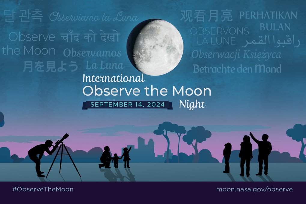 Grafik zur Internationational Observe The Moon Night mit dem Motto "Beobachte den Mond!" in verschiedenen Sprachen und den silhouetten von menschen, die den Mond am Himmel betrachten