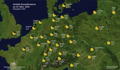 Grad der Verfinsterung für die partielle Sonnenfinsternis vom 29. März 2025 an verschiedenen Orten in Deutschland und Europa